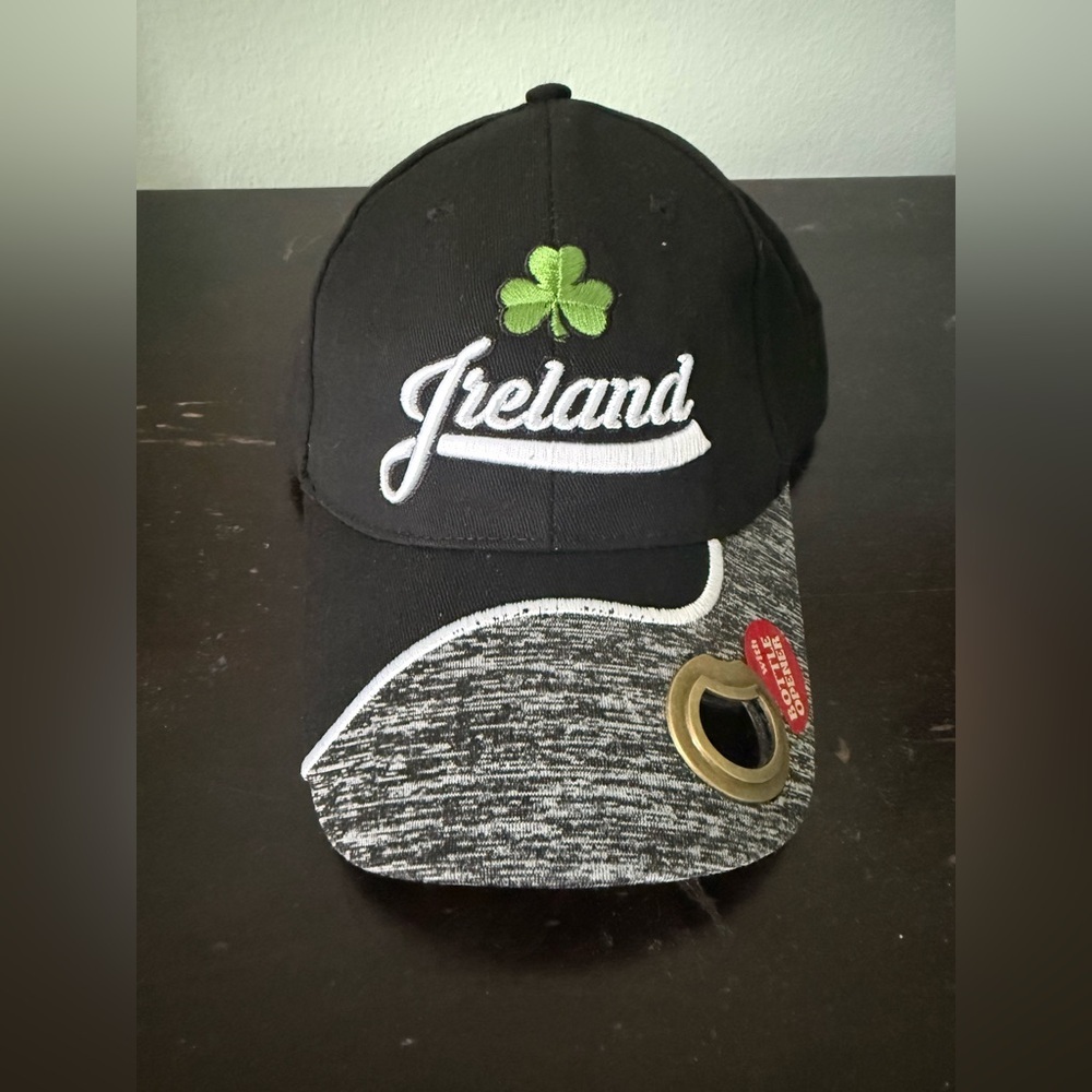 Ireland Shamrock Hat Super Green Black Adjustable Cap w/ Bottle Opener NWT